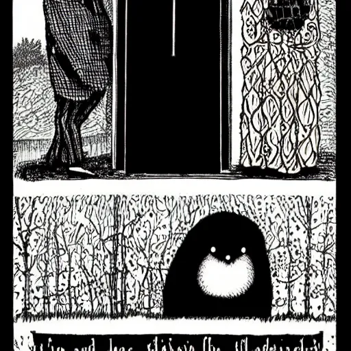 Prompt: sad farewell. illustrated by edward gorey, mikko.. ;