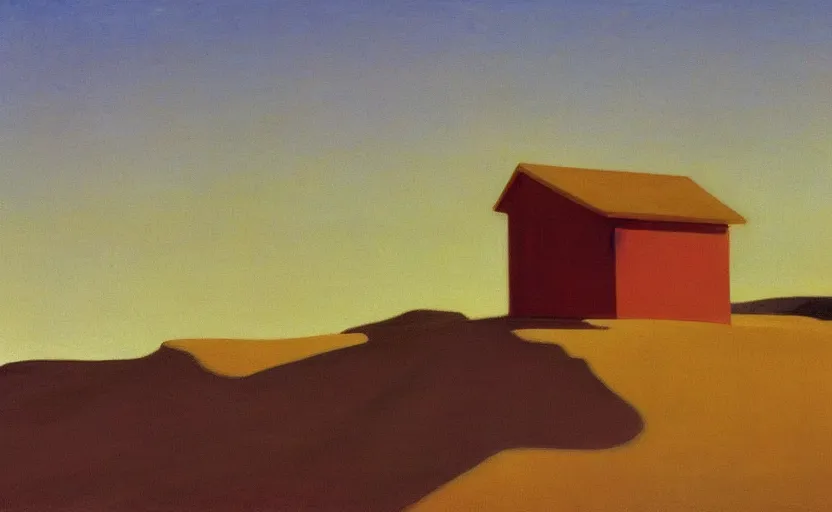 Prompt: a humble cottage on the surface of Mars, painting by Edward Hopper