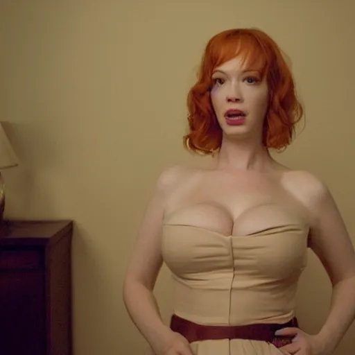 Image similar to amazing beautiful Christina Hendricks with mouth wide open in the living room, film still from the movie directed by Denis Villeneuve , wide lens