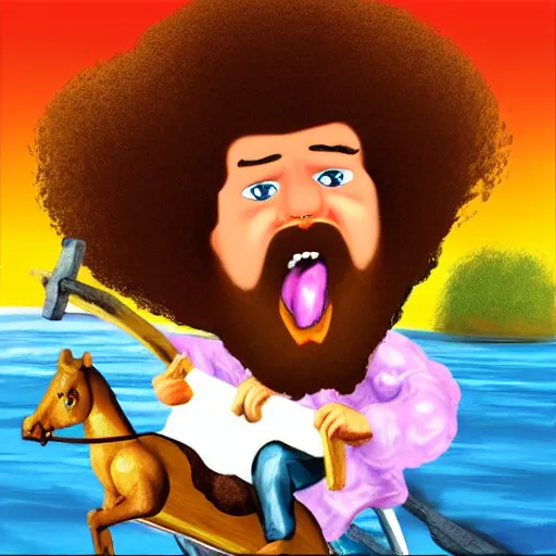 Prompt: bob ross screaming while riding on a rocking horse