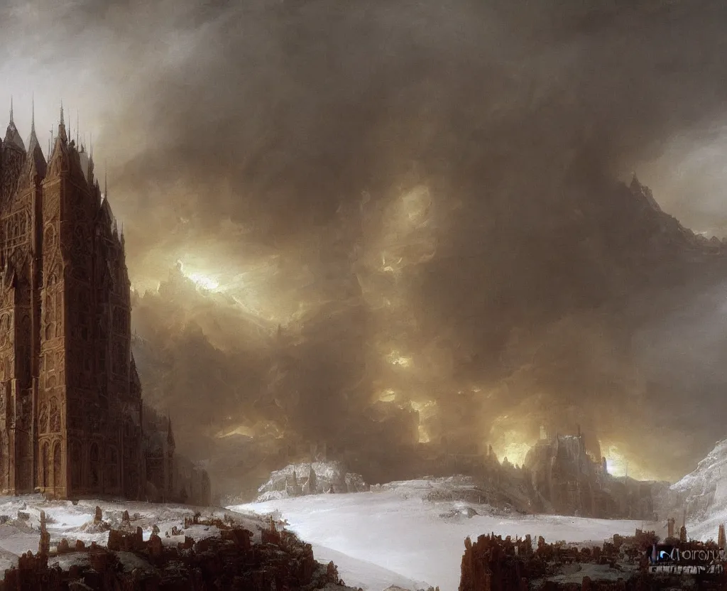 Image similar to pipe organ in winter, fantasy, medieval, grey smoke highly detailed, Artstation, oil on canvas painting by Thomas Cole and john howe and alan lee