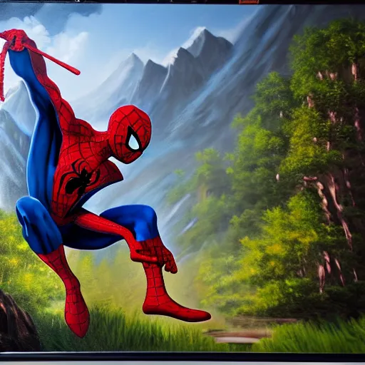 Image similar to a closeup photorealistic photograph of bob ross working on a canvas painting of spiderman. film still. brightly lit scene. mountains and trees. this 4 k hd image is trending on artstation, featured on behance, well - rendered, extra crisp, features intricate detail, epic composition and the style of unreal engine.