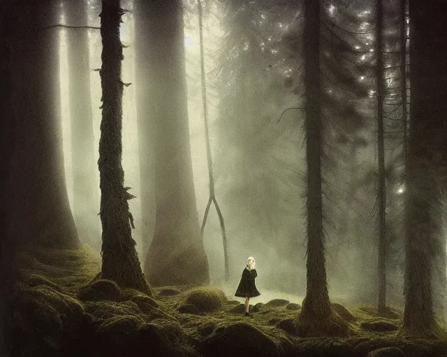 Image similar to scandinavian folklore with trolls and elves, misty forest in the style of john bauer, dramatic lighting, lithography