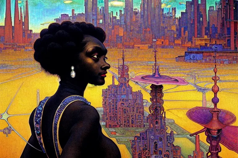 Image similar to realistic extremely detailed closeup portrait painting of a beautiful black woman in a dress with a robot, city street on background by Jean Delville, Amano, Yves Tanguy, Ilya Repin, Alphonse Mucha, William Holman Hunt, Ernst Haeckel, Edward Robert Hughes, Roger Dean, rich moody colours