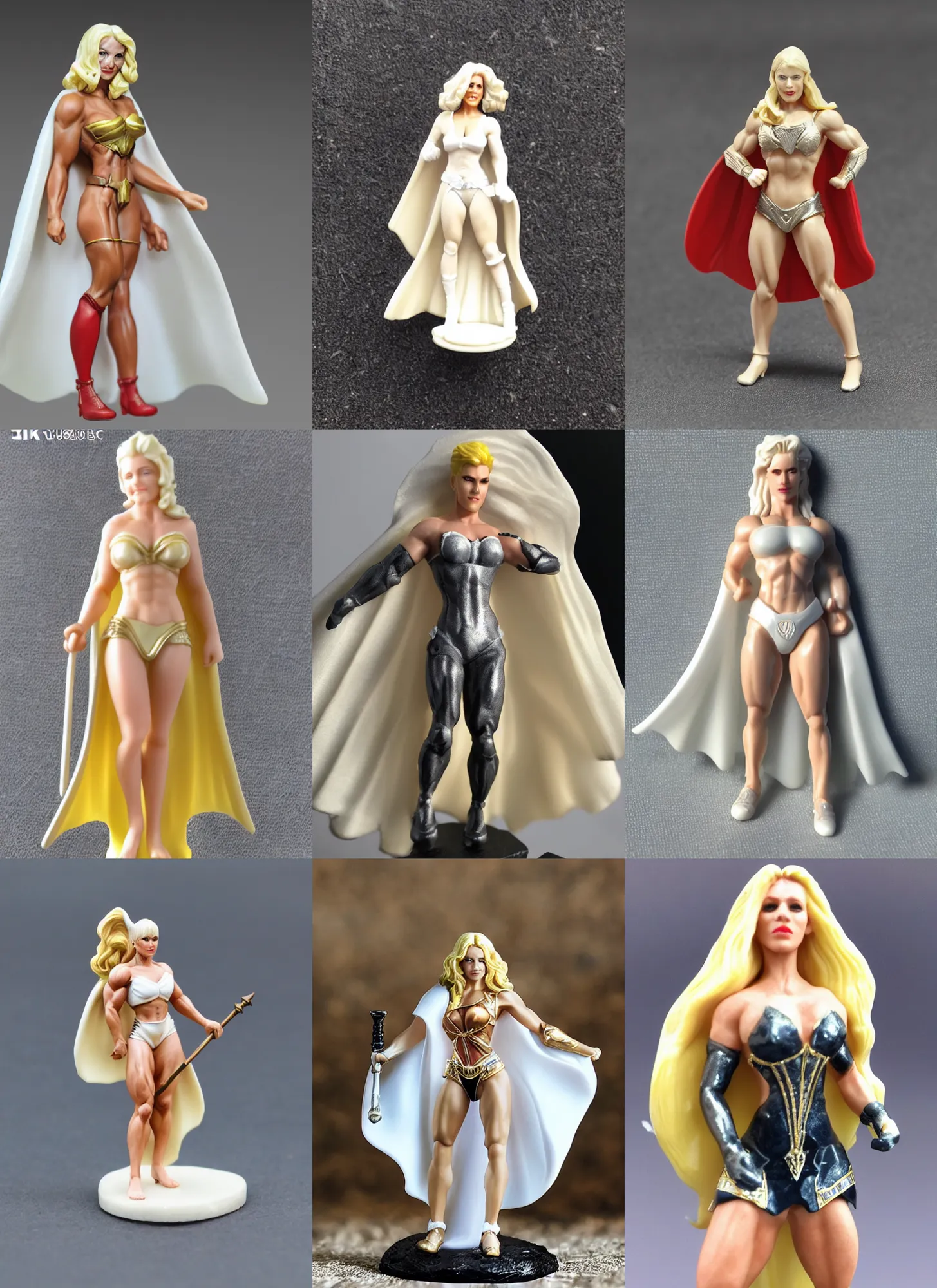 Prompt: 80mm resin miniature of a Very Muscular Queeen, long white cape, light skin, short blonde hair; Miniature product Photo, Company Logo, 4K, Full body