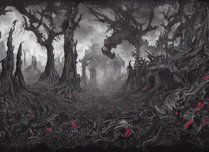 Image similar to a landscape of a forest at hell by takeshi obata and mike mignola, hell, dragons, red and black colors, colors, abandoned buildings, forest with trees with faces, small demons, shadows screaming, night sky, highly detailed, cgsociety, artstation, very detailed