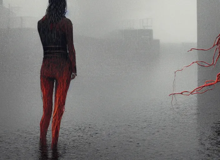 Image similar to rgb, woman, parking lot, drowning, rain!!!!, cinematic, movie scene, inspired by zdzislaw beksinski, clothes made out of veins,, cables everywhere, bedroom, ultra realistic, concept art, intricate details, highly detailed, photorealistic, octane render, 8 k