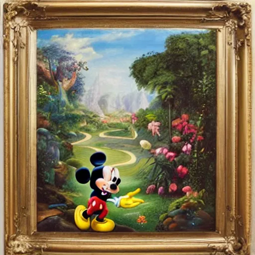 Image similar to mickey mouse entering the garden of eden, oil painting, masterpiece