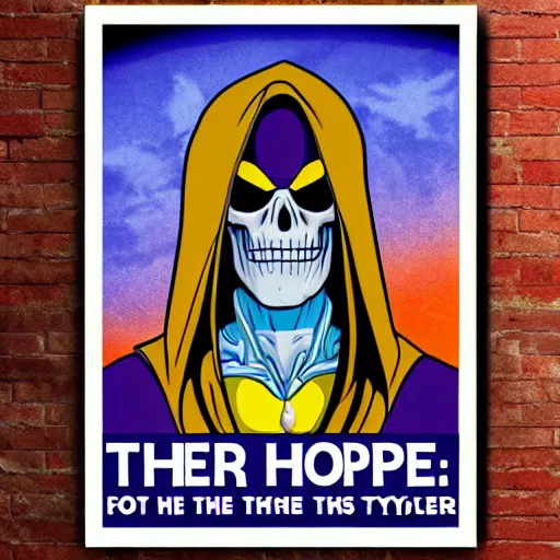 Image similar to Skeletor in the style of the Obama hope poster