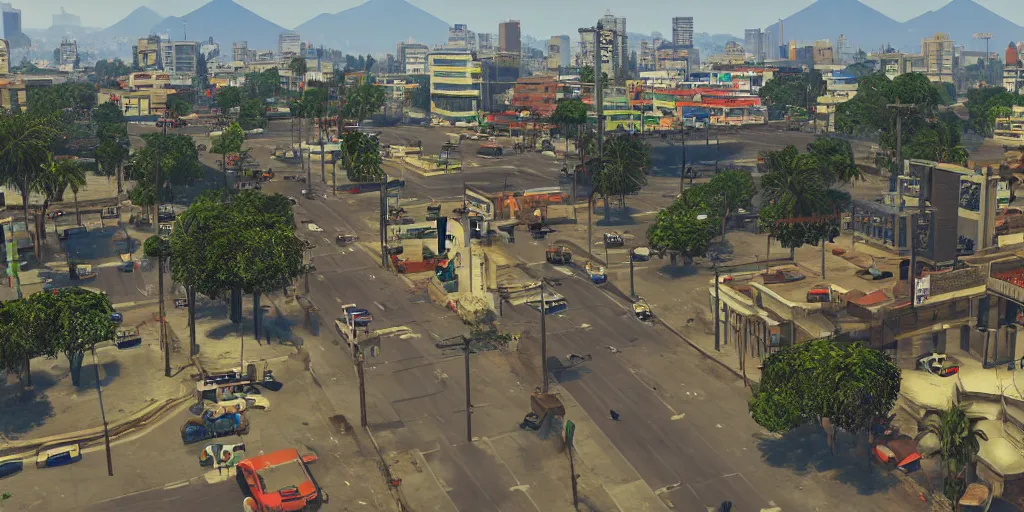 Prompt: guatemala city if it was a game like grand theft auto v first person view, head - up display with realistic visuals and award winning gameplay