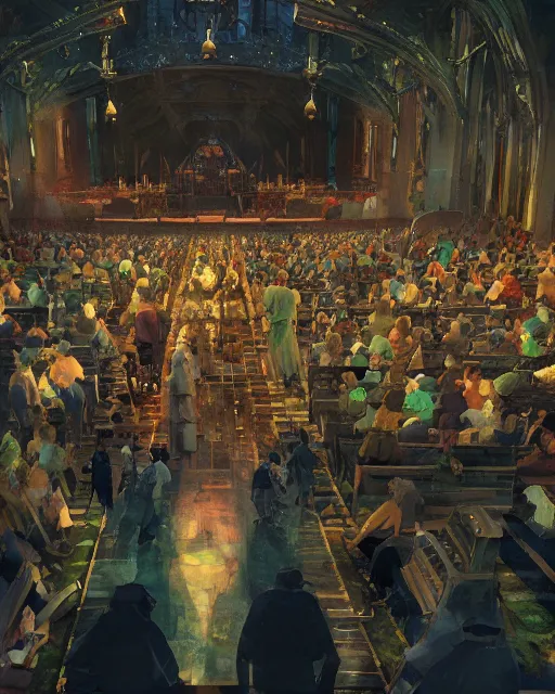 Prompt: craig mullins and ghibli digital illustration of a crowd in a futuristic church, very strong contrast, priest, pews, ethereal, inviting, bright, raking light from stained glass windows, unreal engine, hyper realism, realistic shading, cinematic composition, realistic render, octane render, detailed textures, photorealistic, wide shot