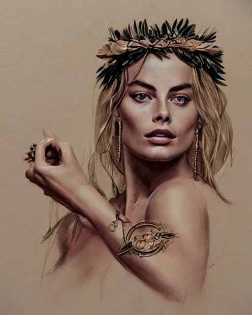 Image similar to realism tattoo sketch of margot robbie as a beautiful greek goddess aphrodite with piercing eyes wearing a laurel wreath and triangle earrings, in the style of greg rutkowski, amazing detail