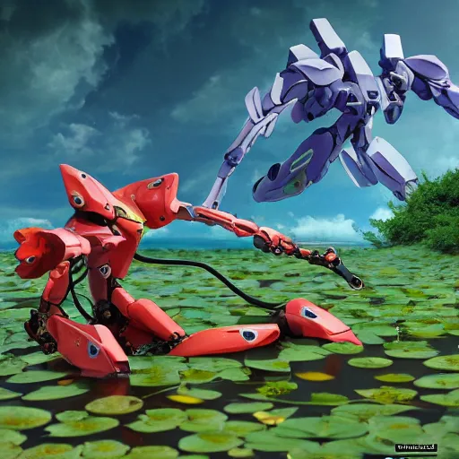 Image similar to evangelion combat mecha with a realistic nymphaea waterlily head stepping out of a pond holding sci - fi weapons. floral amphibious power armor with waterlily helmet and hard surface exoskeleton. bandai box art, 8 k hd resolution, r / mecha