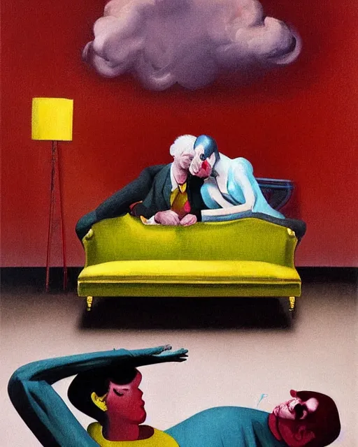 Image similar to old dead couple sitting on a couch and a dark figure crying in the corner with clouds at red and yellow art deco interior room in the style of Francis Bacon and Syd Mead, open ceiling, highly detailed, painted by Francis Bacon and Edward Hopper, painted by James Gilleard, surrealism, airbrush, very coherent, triadic color scheme, art by Takato Yamamoto and James Jean