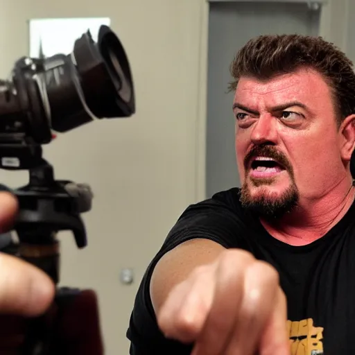 Prompt: robb wells. pointing at the camera, shouting mean words, angry, red faced. fisheye lens