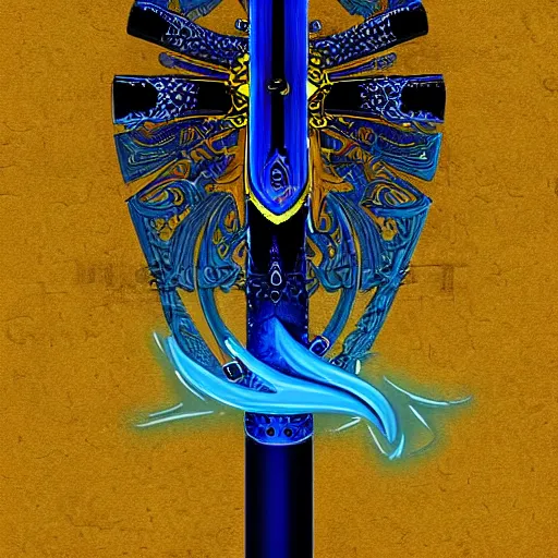 Prompt: magical katana with blue flames running up and down the blade, digital art, intricate design, vivid