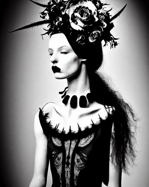 Image similar to dreamy surreal poetic black and white photo of a beautiful young female-cyborg-vegetal with a very long neck and a super big gothic lace collar filled with dead flies and a very high big floral crown with many black dry roses by Vivienne Westwood:: smoke, high fashion, haute couture, rococo, avant-garde, elegant, dreamy, hyper realistic, 150 mm lens, soft rim light, octane render, unreal engine, picture was taken in 1910 by Dora Maar, volumetric lighting, dramatic light,8k,