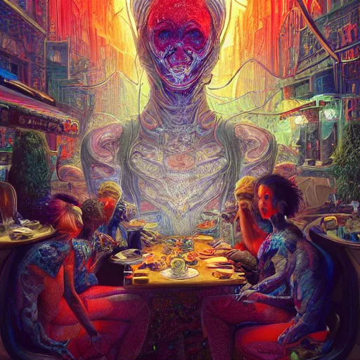 Prompt: hyper detailed ultra sharp, trending on artstation, vibrant aesthetic, bloodwave, colorful, psychedelic, ornate, intricate, digital painting, concept art, smooth, sharp focus, illustration, family diner, art by artgerm and greg rutkowski and h. r. giger, 8 k