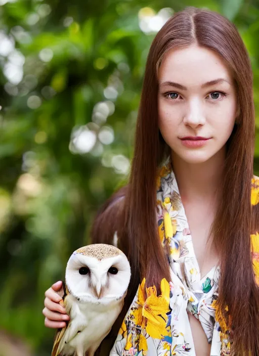 Image similar to portrait photograph of beautiful!!!! young female model, symmetric face!!, symmetric eyes!!, slight smile!, natural light, wearing a yellow kimono with a very detailed barn owl!! on her shoulder!!! in a tropical greenhouse. looking at the camera!!. super resolution. Extremely detailed. Graflex camera!, bokeh!!.