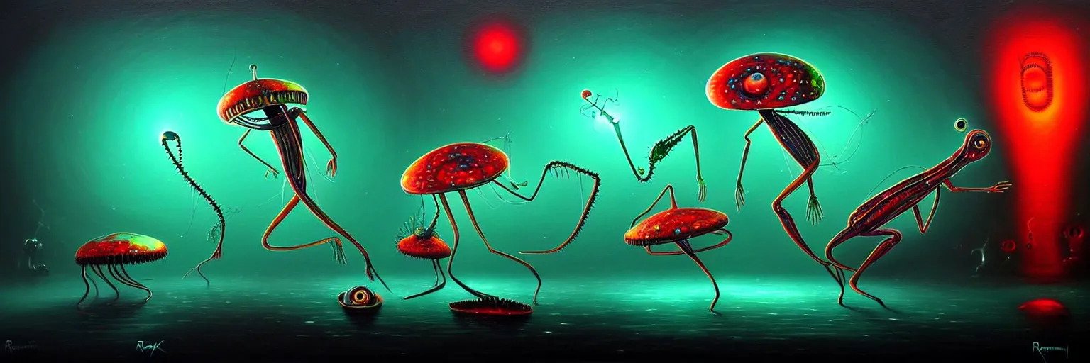 Image similar to strange alien plankton creatures from the depths of the collective unconscious, dramatic lighting, surreal darkly colorful painting by ronny khalil