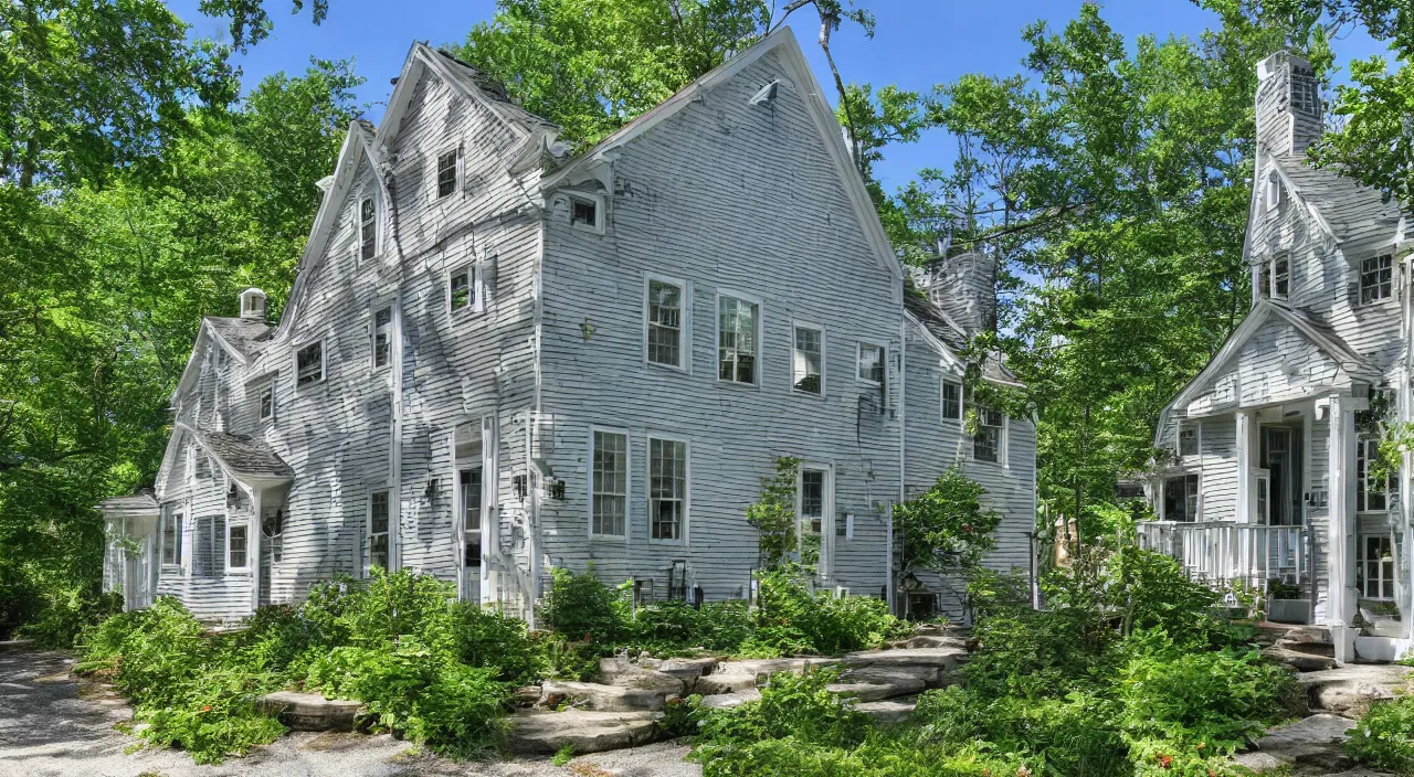 Prompt: A quaint townhouse in the wild and lush cape cod woods in the middle of the summer on a memorable day.