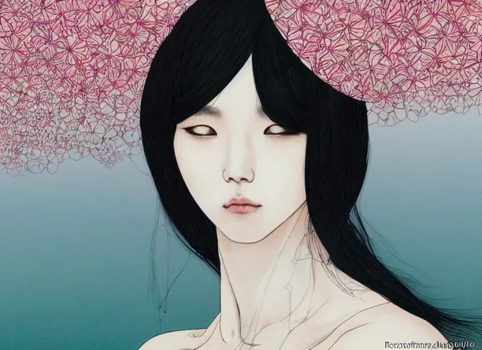 Image similar to lee jin - eun in luxurious dress emerging from pink and turquoise water in renaissance city during an eclipse by takato yamamoto, nicola samuri, conrad roset, m. k. kaluta, martine johanna, rule of thirds, elegant look, beautiful, chic, face anatomy, cute complexion