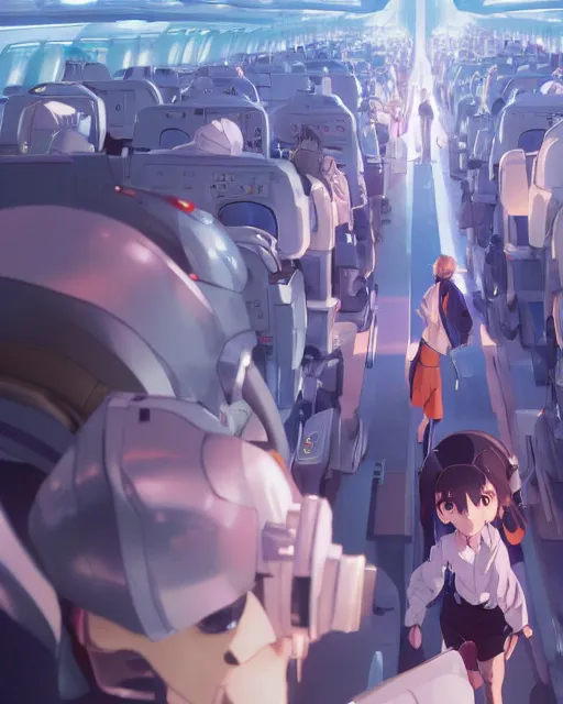 Image similar to a robot entering a crowded plane, Anime. Soft lighting, 8K, octane render. By Makoto Shinkai, Stanley Artgerm Lau, WLOP, Rossdraws, James Jean, Andrei Riabovitchev, Marc Simonetti, krenz cushart, Sakimichan, D&D trending on ArtStation, digital art.