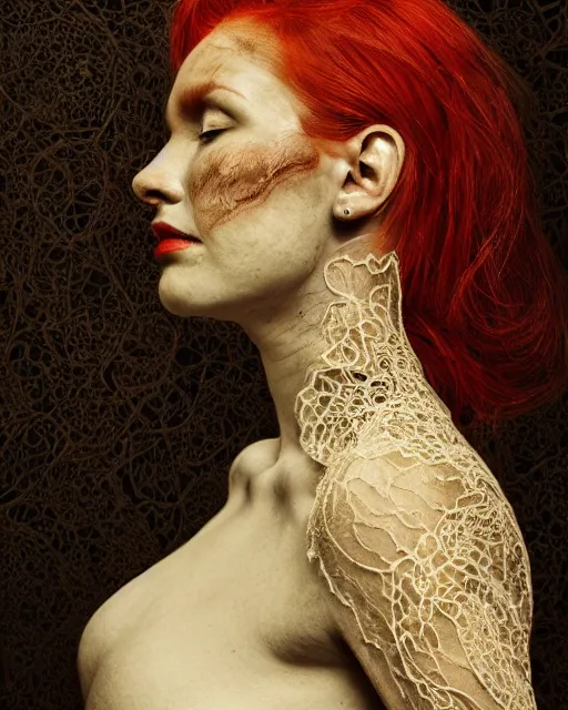 Image similar to a woman's face in profile, red hair, made of intricate lace skeleton, in the style of the dutch masters and gregory crewdson, dark and moody