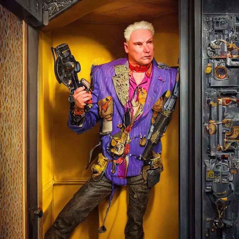 Prompt: professional octane render portrait by wayne barlow and carlo crivelli and glenn fabry, a flamboyant man in a bright colorful saturated wes anderson elevator operator costume inside a dark and moody vintage elevator in a high - end exotic vintage boutique hotel, very short depth of field, bokeh, gears of war