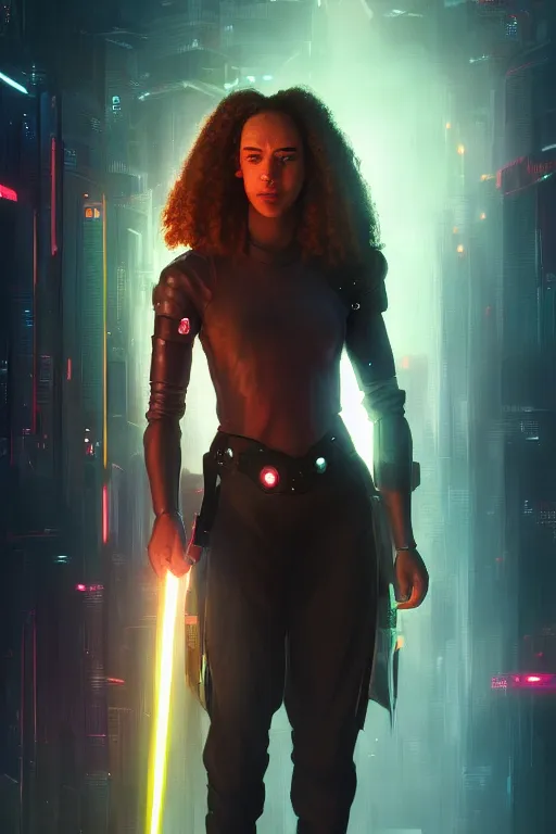 Image similar to portrait of cyborg Hermione Granger in cyberpunk, neon lighting, night city, digital art from artstation by Ruan Jia and Mandy Jurgens and Artgerm and william-adolphe bouguereau and Greg Rutkowski and Wayne Barlowe