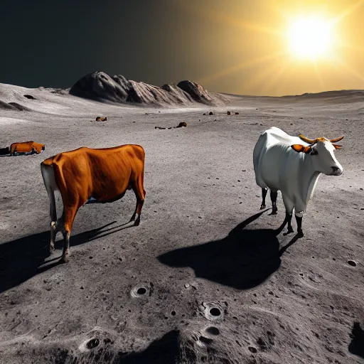 Prompt: realistic picture of cows on the moon, sunlight, detailed, realism, glow, 8k,