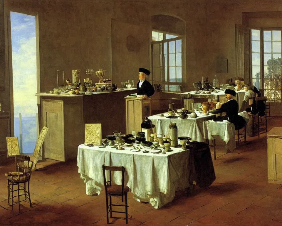 Image similar to achingly beautiful painting of a sophisticated, well - decorated chef's kitchen on warm background by rene magritte, monet, and turner. giovanni battista piranesi.