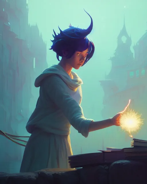 Image similar to highly detailed vfx portrait of a mage casting a light spell, unreal engine, greg rutkowski, loish, rhads, beeple, makoto shinkai and lois van baarle, ilya kuvshinov, rossdraws, tom bagshaw, alphonse mucha, global illumination, detailed and intricate environment