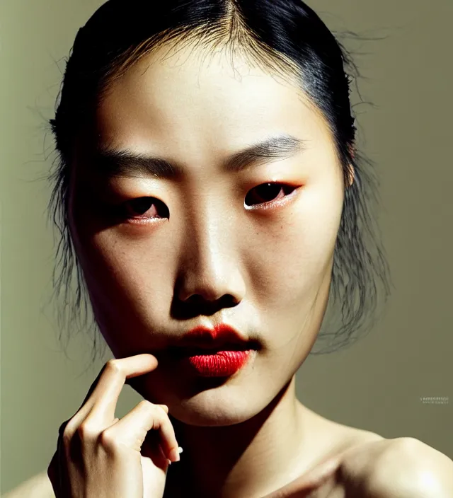 Image similar to photography facial portrait of liu wen, natural background, sensual lighting, natural fragile pose, wearing stunning cloth creation by iris van herpen, with a colorfull makeup. highly detailed, skin grain detail, photography by paolo roversi, nick knight, helmut newton, avedon, araki