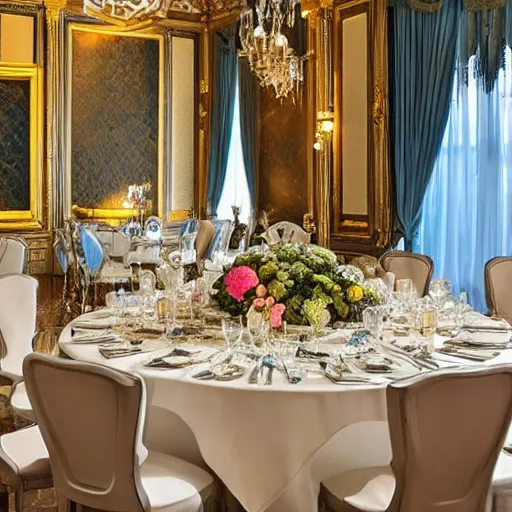 Prompt: a beautiful and elegant room designed with a combination of baroque and nanotechnology styles, large blue gem centerpiece, high tech features, complimentary colors