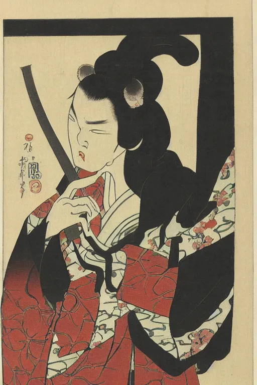 Prompt: Japanese woodblock print of Bib fortuna holding a samurai sword, Cherry Blossom, Hokusai