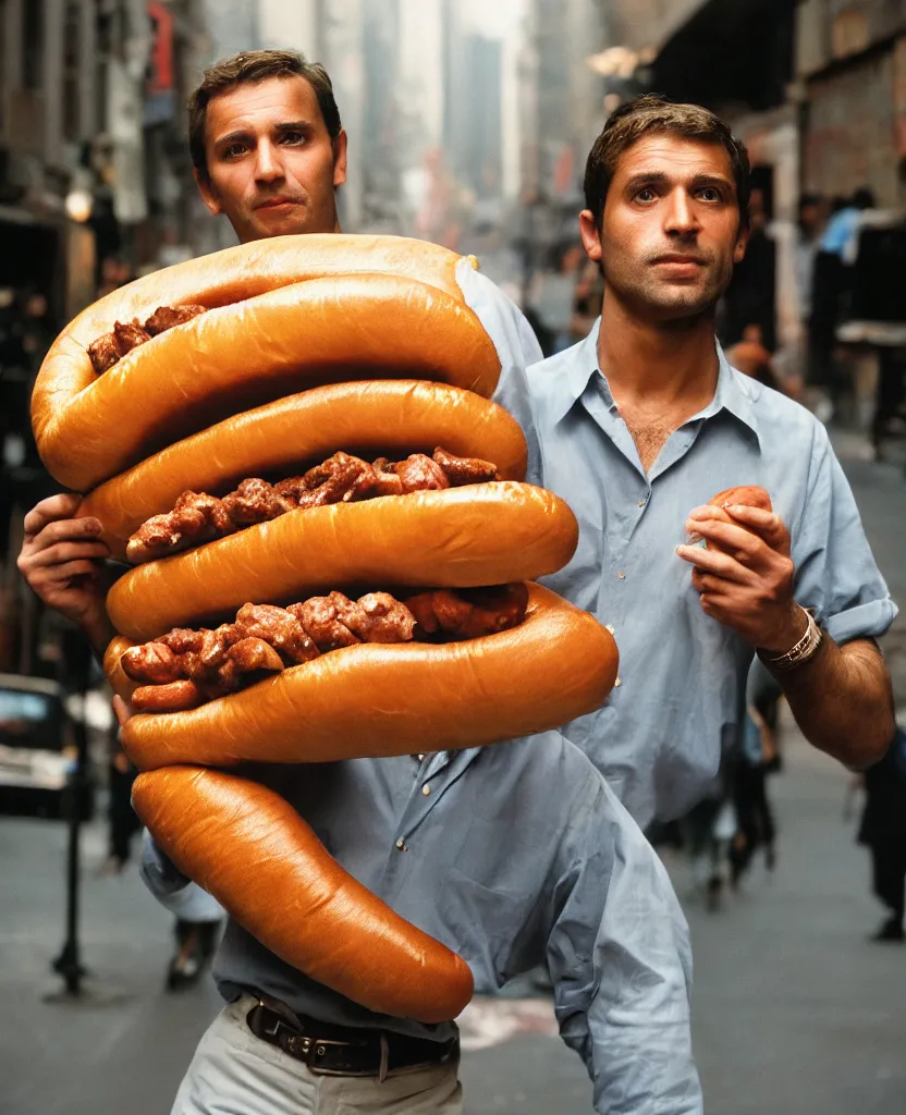 Image similar to closeup portrait of a man carrying a giant hotdog on his shoulder in a smoky new york back street, by Annie Leibovitz and Steve McCurry, natural light, detailed face, CANON Eos C300, ƒ1.8, 35mm, 8K, medium-format print