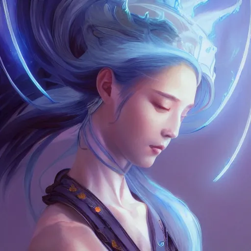 Image similar to Japanese lightning goddess, D&D, blue color palette, highly detailed, digital painting, artstation, concept art, sharp focus, illustration, cinematic lighting, art by artgerm and greg rutkowski and alphonse mucha