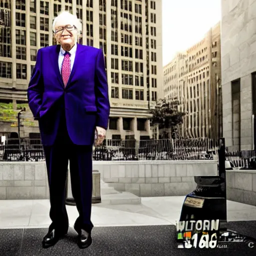 Prompt: warren buffet as thanos standing outside wall street stock exchange, reality, realistic, detailed, 8 k, award winning, wide shot,