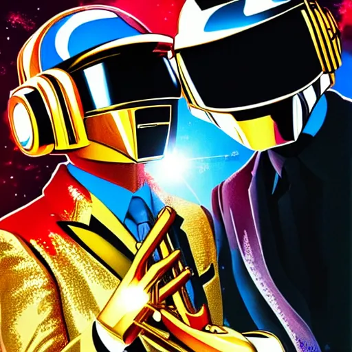 Image similar to Daft Punk playing trumpet, anime