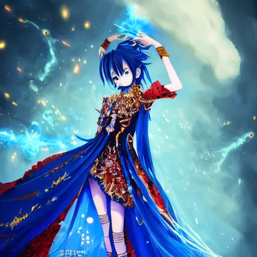 Prompt: a teenage anime girl wearing a very high intricate detailed dress made out of blue fire , full body, very long black/red hair, one yellow and one blue eye, intense stare, cinematic lighting, medium shot, MCU, trending on artstation, CSP, Photoshop, WLOP, Rossdraws, James Jean, Andrei Riabovitchev, Marc Simonetti, Anastasia Ovchinnikova, and Sakimichan