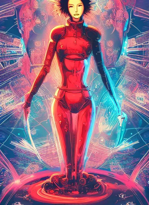 Image similar to a futuristic female geisha warrior, red hair made out of water, blade runner, akira, ghost in the shell, 2077, style of Laurie Greasley and Satoshi Kon + symmetric lights and smoke, psychedelic effects , glowing particles, neon rain, glowing runes, de-noise, symmetrical composition, high detailed + tarot card, ornate border, 8k,