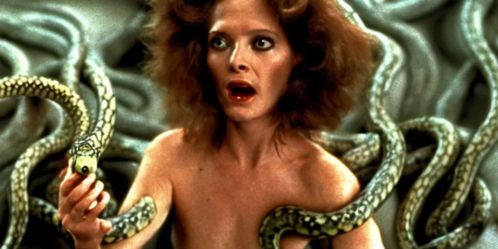 Image similar to medusa, with small snakes for hair, still from the movie the thing ( 1 9 8 1 )