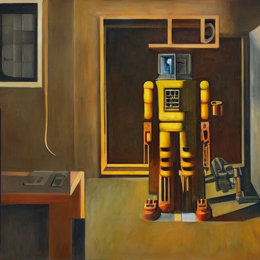 Image similar to cutaway section of a giant robot revealing people living inside, brutalist, dystopian, pj crook, edward hopper, oil on canvas