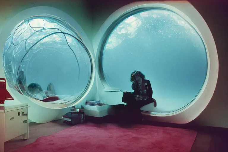 Prompt: high-angle view of a jellyfish human hybrid people wearing discowear sitting inside of an unlit lit 1970s underwater A-frame house with a soviet computer console on the wall, a large circular window in the floor that shows an exterior of a foggy medieval world, ektachrome photograph, volumetric lighting, f8 aperture