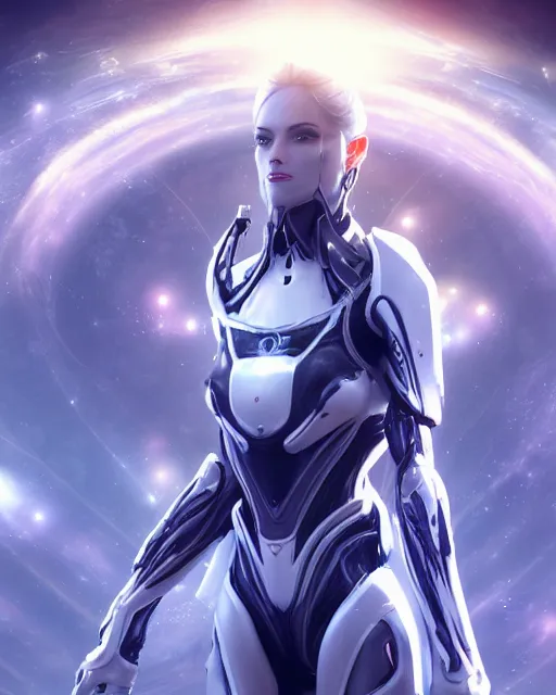 Image similar to photo of a beautiful girl on a mothership, android, warframe armor, pretty face, scifi, futuristic, galaxy, raytracing, dreamy, perfect, aura of light, pure, white hair, blue cyborg eyes, glow, insanely detailed, artstation, innocent look, art by gauthier leblanc, kazuya takahashi, huifeng huang