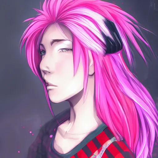 Image similar to full headshot portrait of anime woman with pink mohawk punk, digital art, drawn by WLOP, by Avetetsuya Studios, anime manga panel, trending on artstation, wearing a plaid shirt