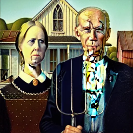 Prompt: biden and trump in famous american gothic painting, oil on canvas, hd, trending on artstation, detailed