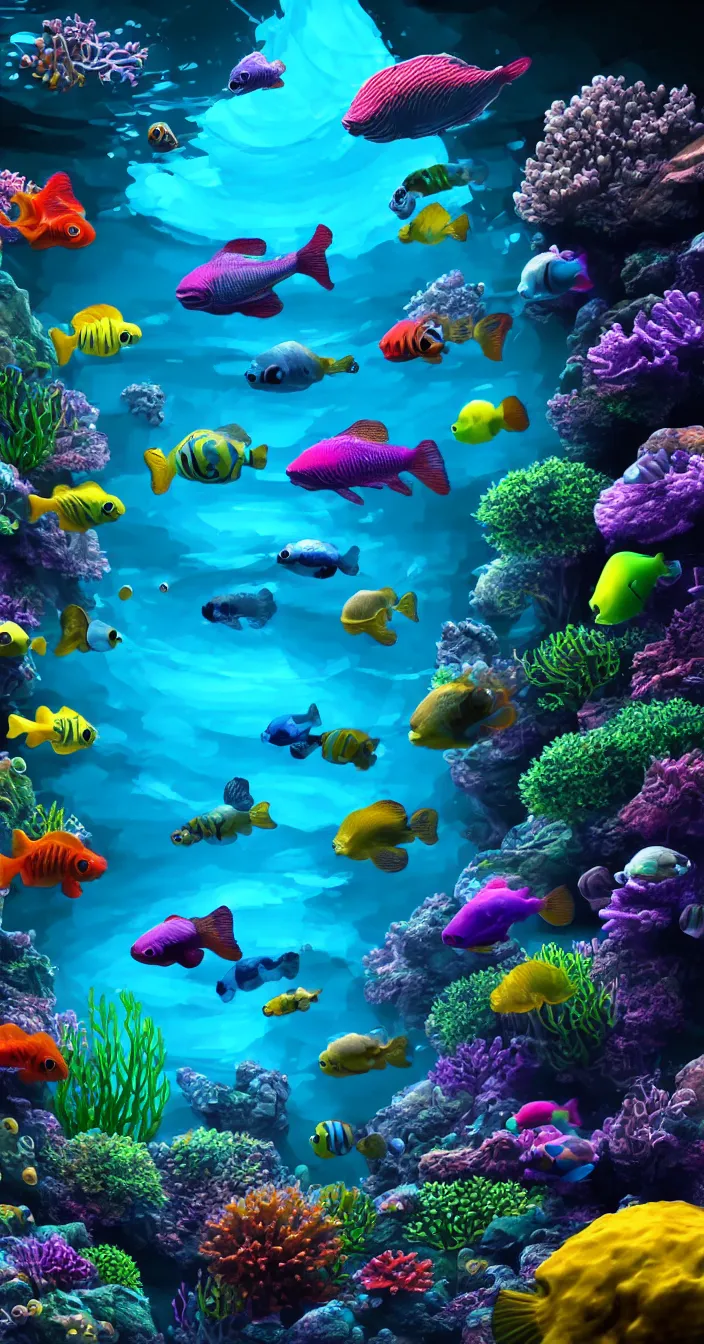 Prompt: highly detailed photo of colorful aquatic life under water, 3 d render, dark background, hyper realistic, concept art, 8 k detail post - processing