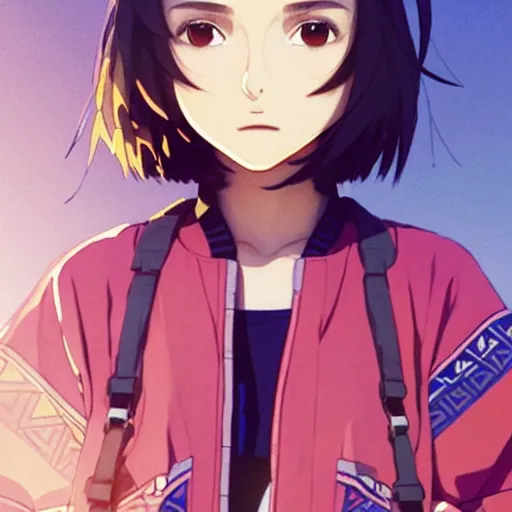 Prompt: a beautiful! boyish! natalie portman alluring gravure! model, wearing oversized mayan bomber jacket and leotard with overalls, bulky poofy bomber jacket with mayan patterns, aztec street fashion, gapmoe yandere grimdark, trending on pixiv, painted by greg rutkowski makoto shinkai takashi takeuchi studio ghibli